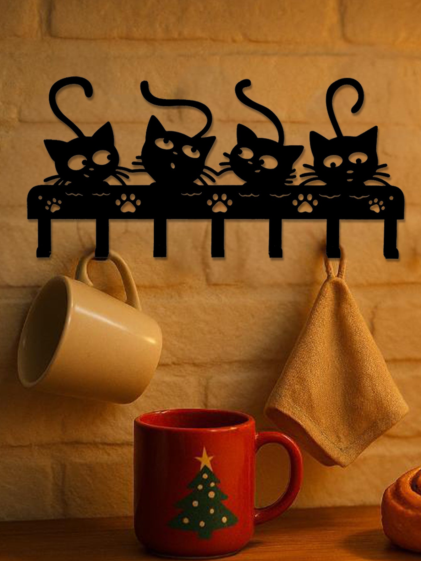 1pc Black Cats Wall Hooks Key Holder W 7 Hooks - Black Iron Wall-Mounted Rack