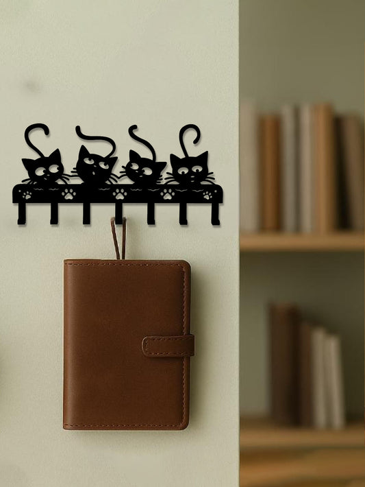 1pc Black Cats Wall Hooks Key Holder W 7 Hooks - Black Iron Wall-Mounted Rack