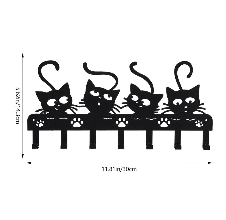 1pc Black Cats Wall Hooks Key Holder W 7 Hooks - Black Iron Wall-Mounted Rack