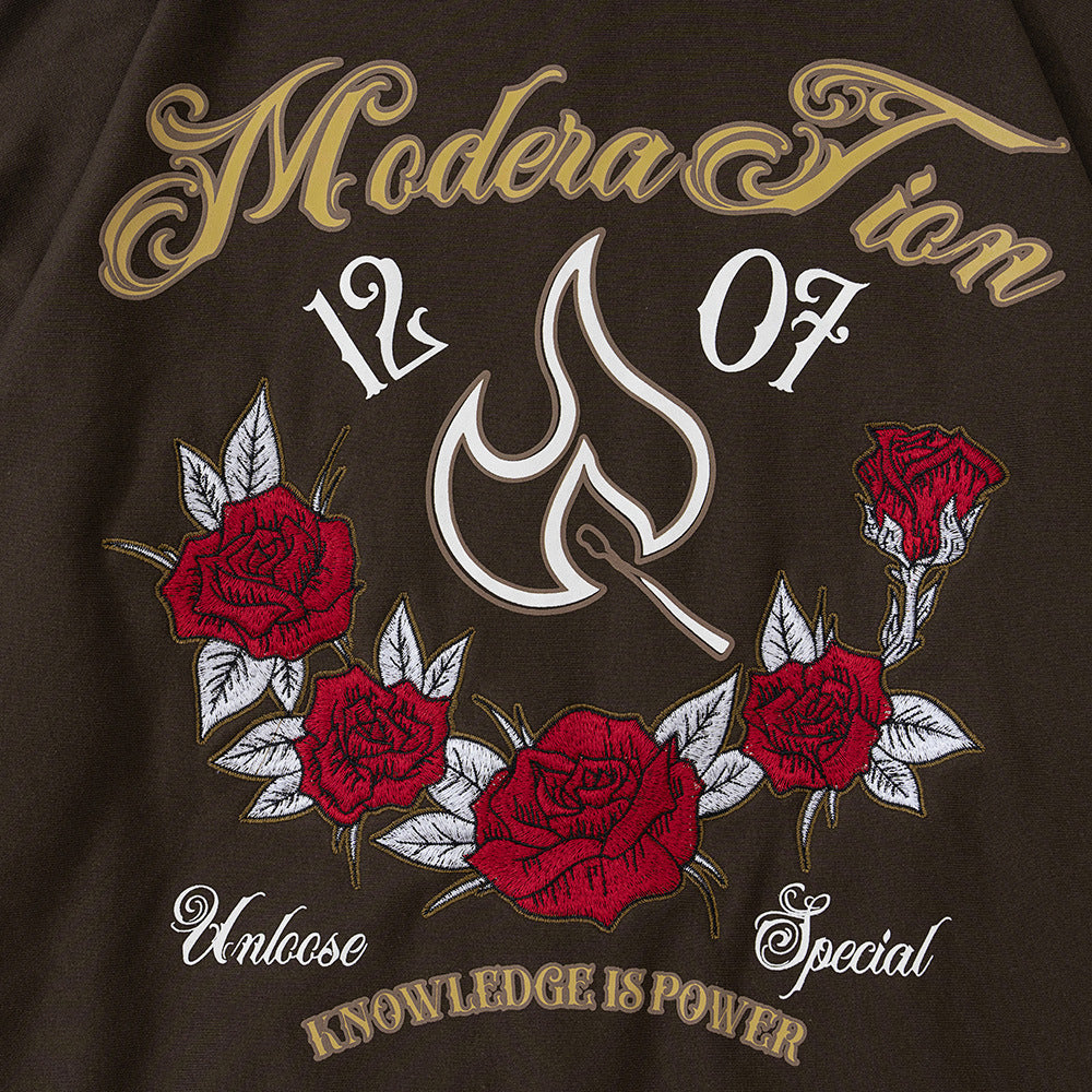 Men's Casual Sports Pullover Embroidered Rose Red Hooded Sweater